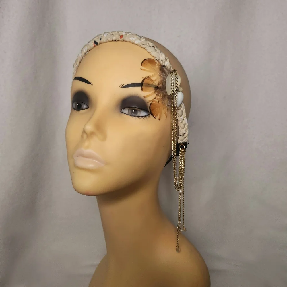 Bohemian Braided Headband with Feather, Chain and Matching Earring Standout Look